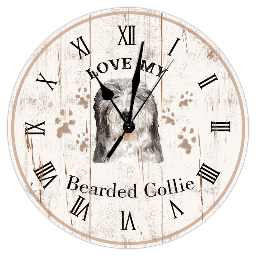 Bearded Collie Wall Clock Silent Non-Ticking Battery Wood Clocks Love My Bearded Collie Wall Clocks Rustic Farmhouse 12inch Round Clock for Living Room Bedroom Dog Mom Wall Clock Housewarming Gift