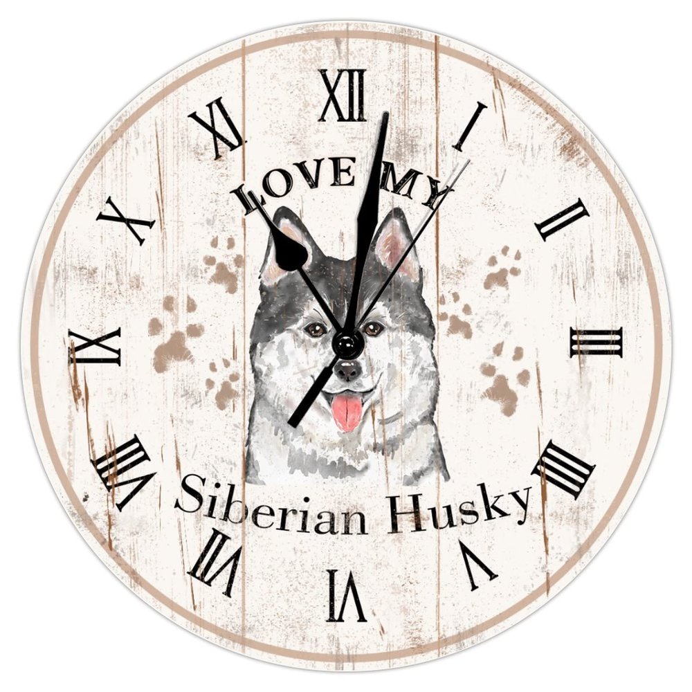 Love My Siberian Husky Clock for Wall Farmhouse 10inch Round Wall Clock Siberian Husky Clock Battery Operated Quartz Silent Home Decorative Clocks for Bathroom Bedroom Birthday Gift to Dog Mom