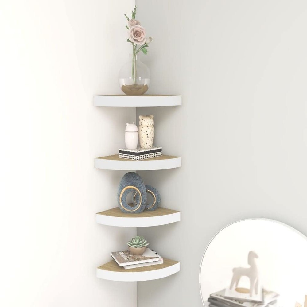 Wall Corner Shelves 4 pcs,Floating Wall Shelf,Wall Shelf for Bedroom,Corner Bathroom Shelf,Invisible Mounting System,for Bathroom, Living Room, Bedroom, Kitchen,Oak and White 9.8"x9.8"x1.4" MDF
