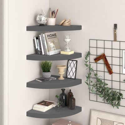 Floating Corner Shelves 4 pcs,Floating Wall Shelf,Wall Shelf for Bedroom,Corner Bathroom Shelf,Invisible Mounting System,for Bathroom, Living Room, Bedroom, Kitchen,High Gloss Gray 13.8"x13.8"x1.5"