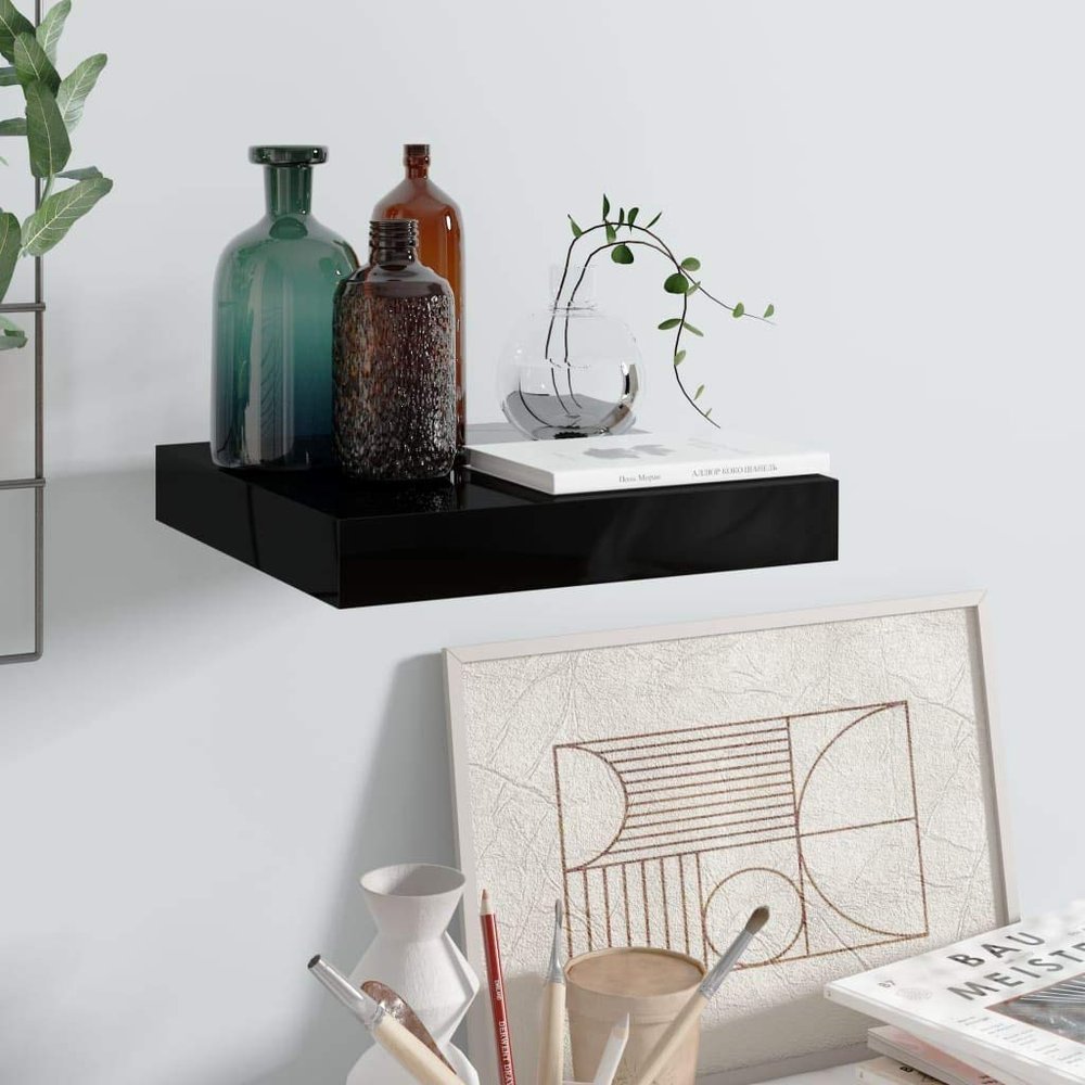 Floating Wall Shelf,Wall Shelf for Bedroom,Display Shelf,Bookshelf,Bathroom Shelves,Invisible Mounting System,for Bedroom/Living Room/Kitchen/Office/Bathroom,High Gloss Black 9.1"x9.3"x1.5" MDF