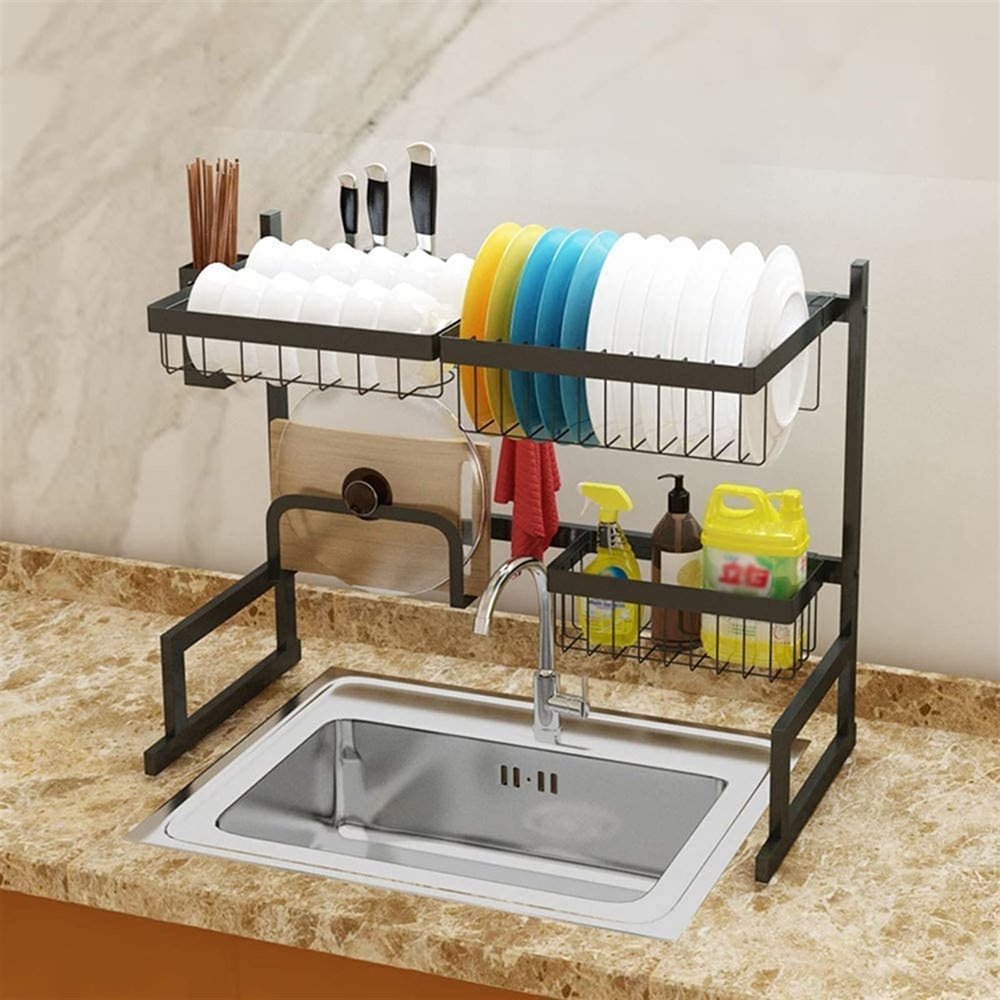 Deluxe Dish Drainer Drying Rack Kitchen Stainless Steel Dish Drain Rack Sink Multi-Function Shelf Cutlery Drying Rack for Single/Double Sink Black (Size : 65cm)