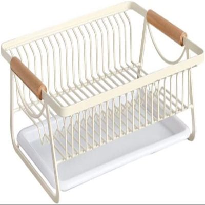 Dish Rack Drainer with Drip Tray Kitchen Cutlery Basket Dish Drainer with Wooden Handles Dish Drainer Suitable for Any Kitchen Worktop