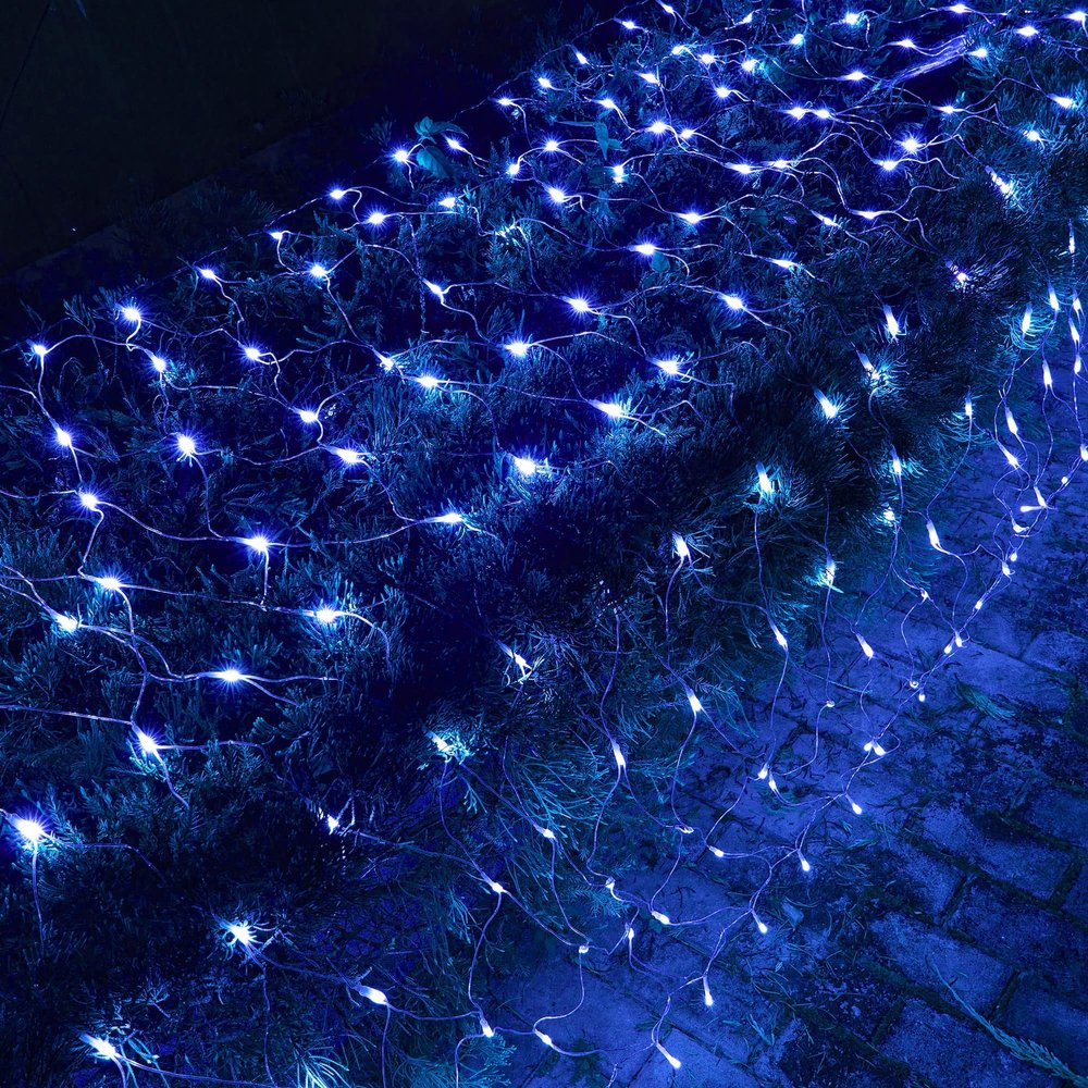 Dazzle Bright Christmas Net Lights, 360 LED 12FT x 5 FT Transparent Wire Waterproof Connectable String Lights with 8 Modes Christmas Decoration Outdoor Lights for Bushes Garden Party Holiday (Blue)