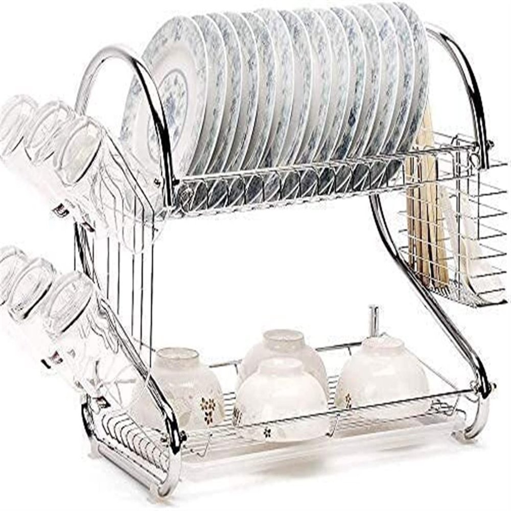 Draining Rack Dish Drainer Rack Kitchen Rust-Proof Stainless Iron Double-Layer Drying Rack with Removable Cutlery Holders Dish Rack