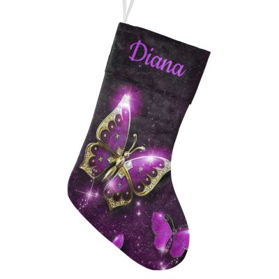 CUXWEOT Personalized Purple Butterfly Christmas Stockings Customize with Name for Family Kids Pet Holiday Decorations Gift 17.52 x 7.87 Inch