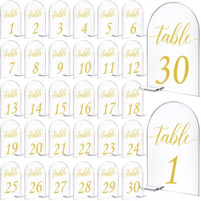 Vicenpal 4 x 6 Inch 30 Sets Acrylic Gold Table Numbers 1-30 Clear Table Signs Display Stand for Wedding Reception Event Party Centerpieces Decor