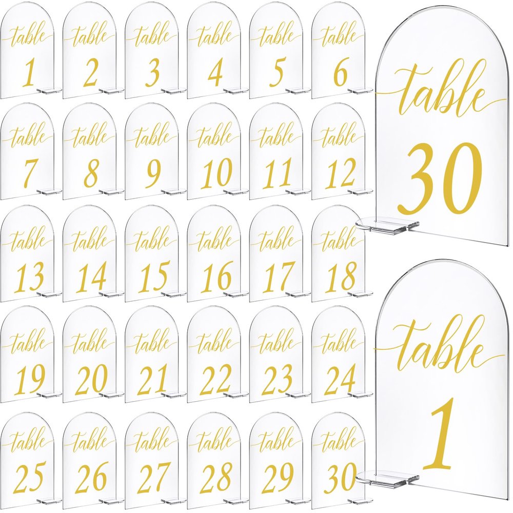 Vicenpal 4 x 6 Inch 30 Sets Acrylic Gold Table Numbers 1-30 Clear Table Signs Display Stand for Wedding Reception Event Party Centerpieces Decor