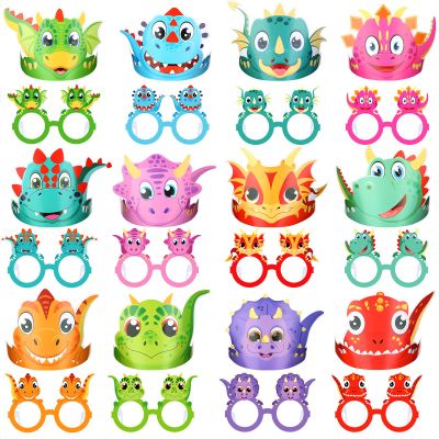 Woanger 48 Pcs Dinosaur birthday Supplies Include 24 Dinosaur Paper Hats 24 Adjustable Sunglasses with Ropes for Birthday Christmas Halloween Animal Themed Celebration Decoration