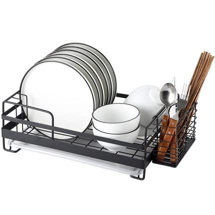 2 Tier Dish Drainer Rack Portable Dish Rack-Kitchen Sink 304 Stainless Steel Single-Layer Large-Capacity Dish Drain Basket Storage Container with Removable Cutlery Holders (Color : Black)