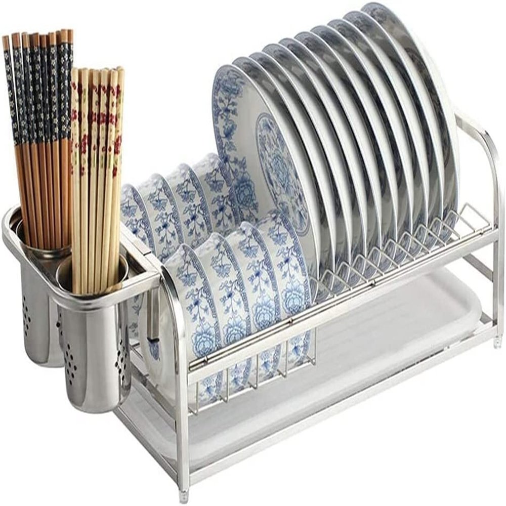 Kitchen Stainless Steel Single Layer Dish Dryer Storage Rack with Removable Cutlery Rack Dish Rack