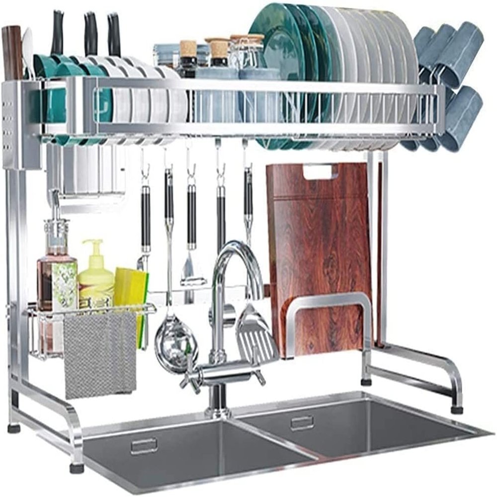 Cutlery Basket High Qualityover The Sink Dish Drying Rack - Large Stainless Steel Dish Shelf with Utensil Holder Hooks for Kitchen Countertop (Size : 84x32x58cm)