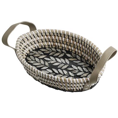 MNSSRN Rattan Coffee Tray with Mother of Pearl Inlaid Wood Base and Handle for Fruit, Coffee Table Tray, Kitchen, Dresser Storage Organizer,G