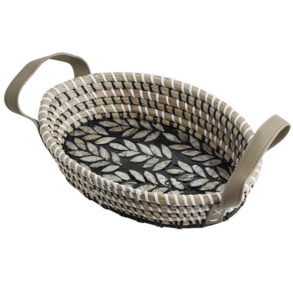 MNSSRN Rattan Coffee Tray with Mother of Pearl Inlaid Wood Base and Handle for Fruit, Coffee Table Tray, Kitchen, Dresser Storage Organizer,G
