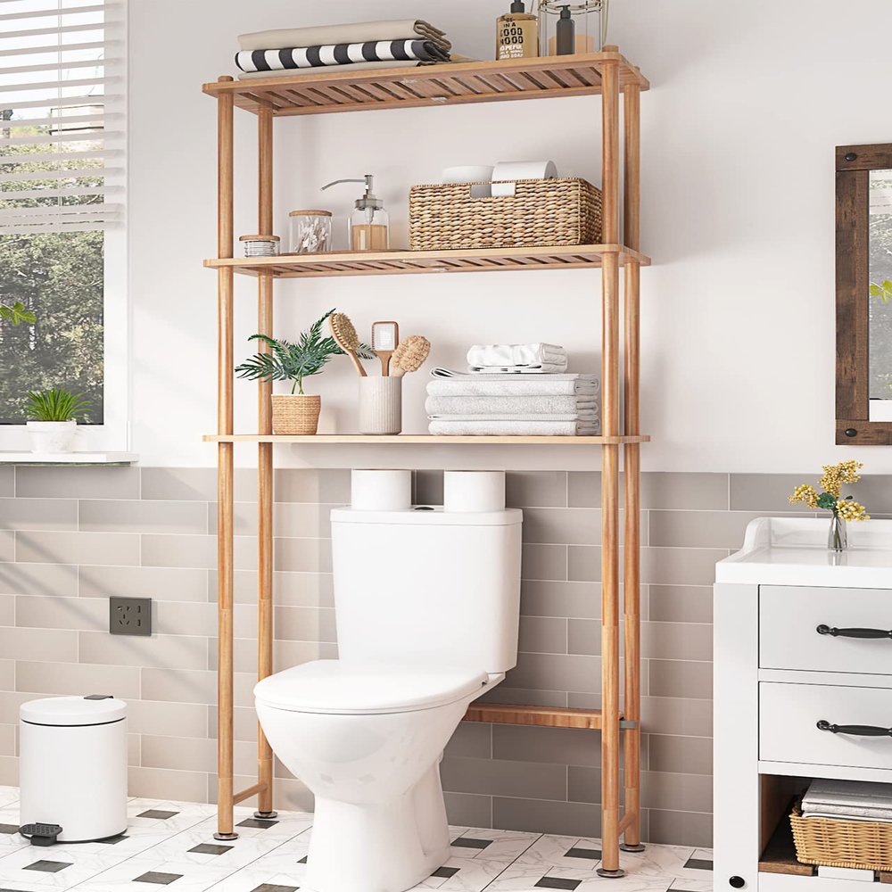 AmazerBath Over The Toilet Storage Bamboo, Bathroom Over Toilet Organizer Rack, 3-Tier Freestanding Above Toilet Shelf for Bathroom, Laundry, Space Saver, Natural Color