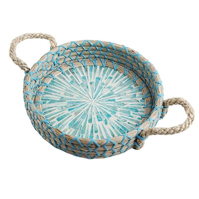 MNSSRN 8/10" Rattan Round Dining Basket, Shell Seaweed Tray, Decorative Centerpiece for Coffee Table with Handles for Food Decorative Trays,B/L