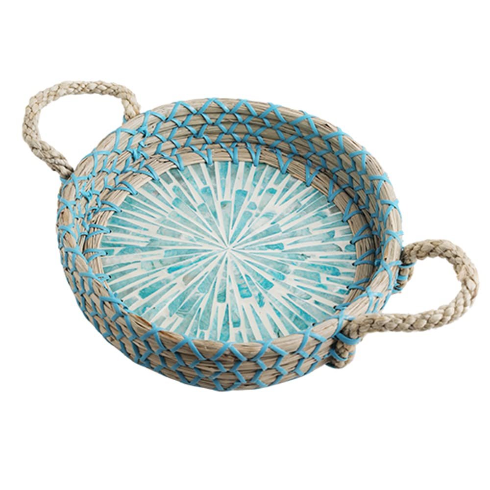 MNSSRN 8/10" Rattan Round Dining Basket, Shell Seaweed Tray, Decorative Centerpiece for Coffee Table with Handles for Food Decorative Trays,B/L