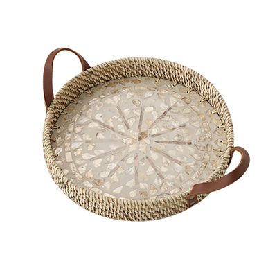 MNSSRN Rattan Coffee Tray with Mother of Pearl Inlaid Wood Base and Handle for Fruit, Coffee Table Tray, Kitchen, Dresser Storage Organizer,B