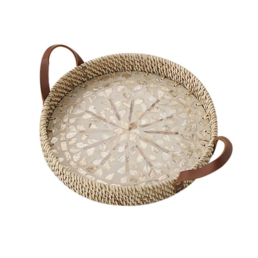 MNSSRN Rattan Coffee Tray with Mother of Pearl Inlaid Wood Base and Handle for Fruit, Coffee Table Tray, Kitchen, Dresser Storage Organizer,B