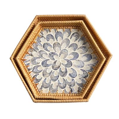 MNSSRN Pure Handmade Rattan Diamond Tray with Mother-of-Pearl Inlaid Wood Base Insert Handle for Fruit, Kitchen Organizer,B