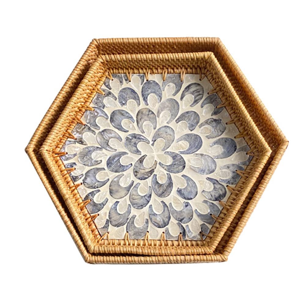 MNSSRN Pure Handmade Rattan Diamond Tray with Mother-of-Pearl Inlaid Wood Base Insert Handle for Fruit, Kitchen Organizer,B
