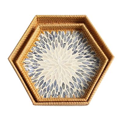 MNSSRN Pure Handmade Rattan Diamond Tray with Mother-of-Pearl Inlaid Wood Base Insert Handle for Fruit, Kitchen Organizer,A