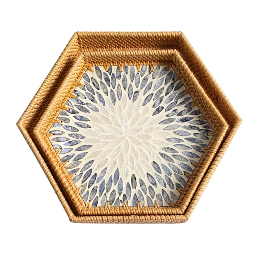 MNSSRN Pure Handmade Rattan Diamond Tray with Mother-of-Pearl Inlaid Wood Base Insert Handle for Fruit, Kitchen Organizer,A