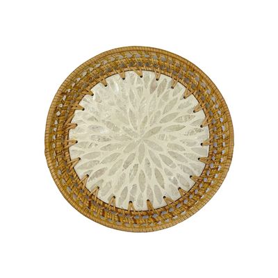 MNSSRN Rattan Inlaid Mother of Pearl Plate with Shell Bottom Rustic Decorative Wicker Tray for Bread Fruit Vegetables Home Kitchen Decor,B