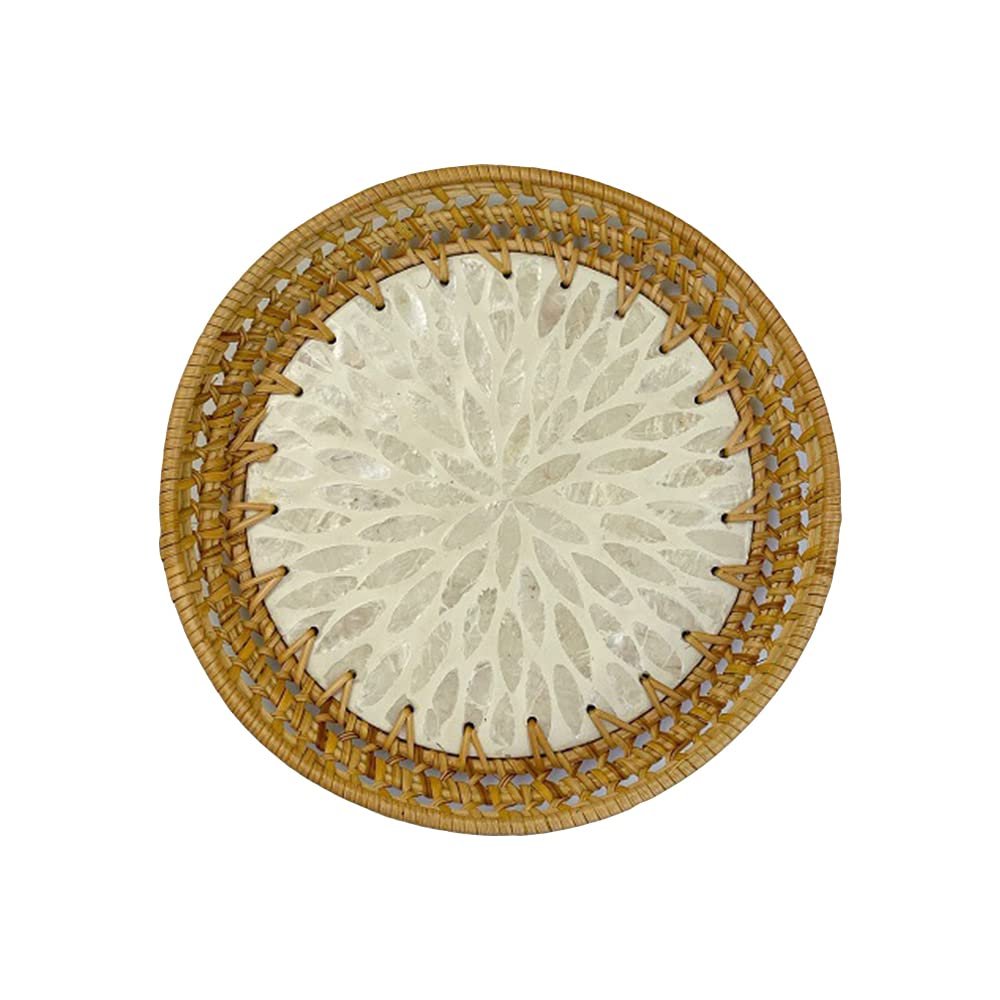 MNSSRN Rattan Inlaid Mother of Pearl Plate with Shell Bottom Rustic Decorative Wicker Tray for Bread Fruit Vegetables Home Kitchen Decor,B