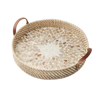 MNSSRN Rattan Coffee Tray with Mother of Pearl Inlaid Wood Base and Handle for Fruit, Coffee Table Tray, Kitchen, Dresser Storage Organizer,A