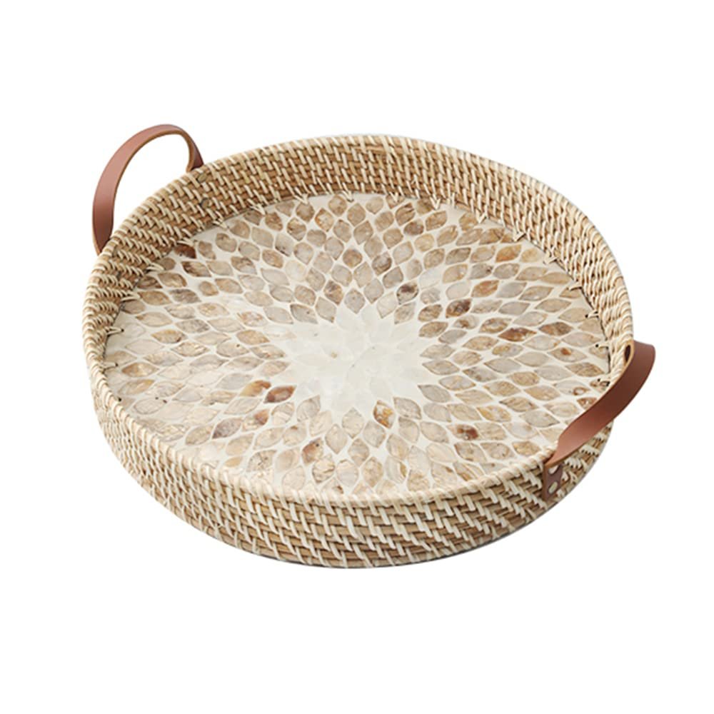 MNSSRN Rattan Coffee Tray with Mother of Pearl Inlaid Wood Base and Handle for Fruit, Coffee Table Tray, Kitchen, Dresser Storage Organizer,A