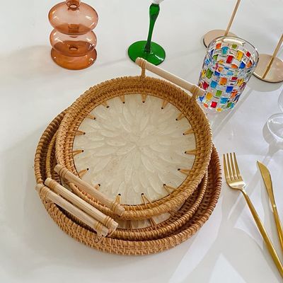 MNSSRN Shell Rattan Tray, Handwoven Boho Decorative Tray with Wooden Handle, Coffee Table Party Bathroom Decorative Wicker Tray,All