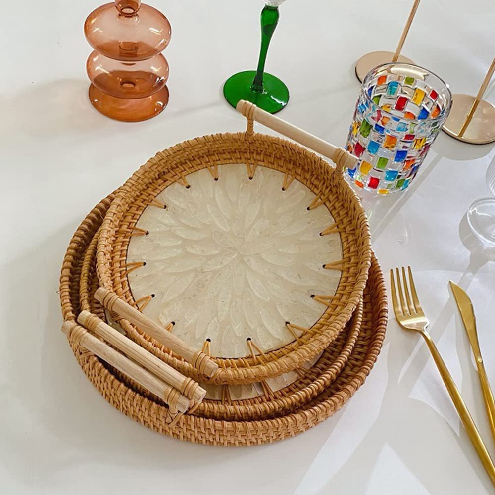MNSSRN Shell Rattan Tray, Handwoven Boho Decorative Tray with Wooden Handle, Coffee Table Party Bathroom Decorative Wicker Tray,All