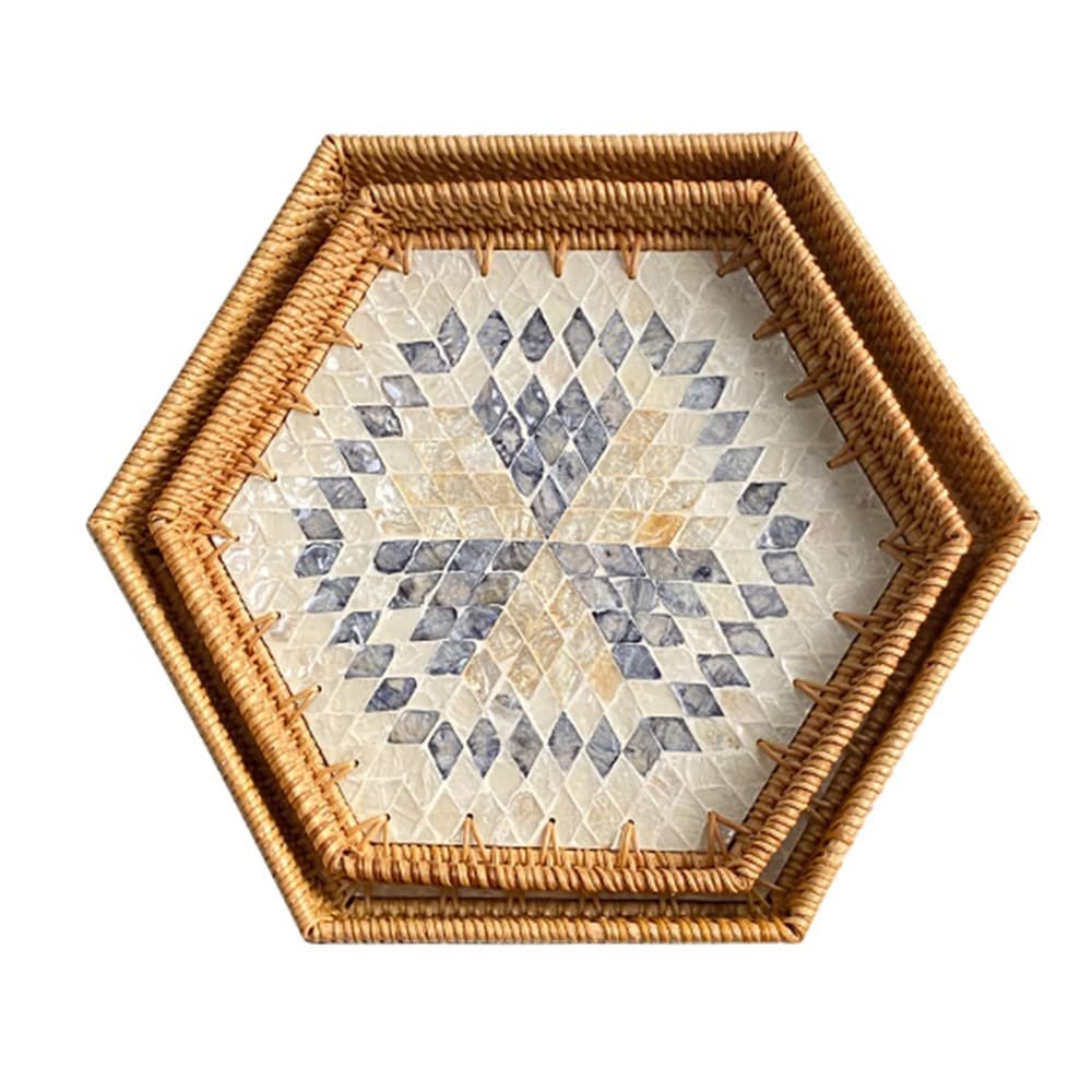 MNSSRN Pure Handmade Rattan Diamond Tray with Mother-of-Pearl Inlaid Wood Base Insert Handle for Fruit, Kitchen Organizer,C