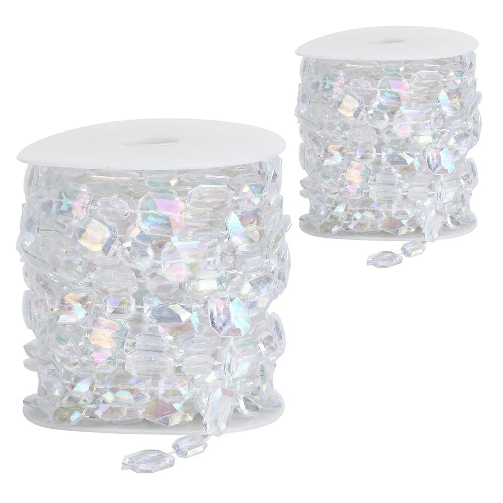 2PCS Crystal Beads Garland Strand, 10m Acrylic Iridescent Garland Clear Diamond Beads String Roll Prism Diamond String Decorations Plastic Crystal Garland for Wedding Party Christmas Tree Decoration