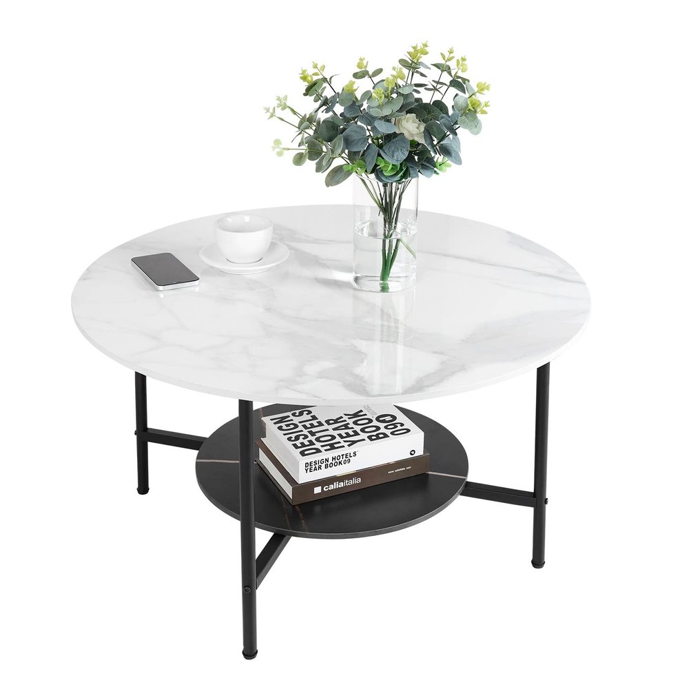 Round Coffee Table Marble Modern Accent 31.5x31.5x18.7in White Contemporary Glossy Storage