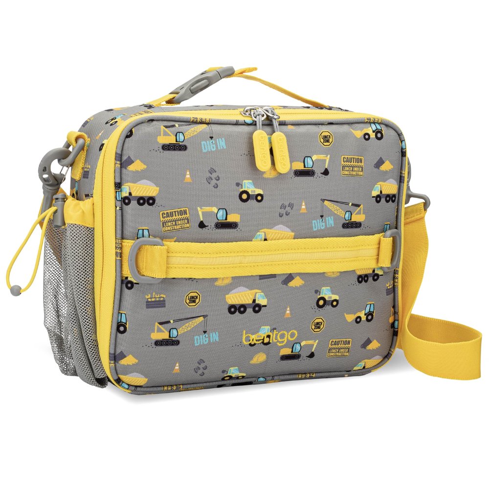 Bentgo Kids Lunch Bag - Durable, Double-Insulated Lunch Bag for Kids 3+; Holds Lunch Box, Water Bottle, & Snacks; Easy-Clean Water-Resistant Fabric & Multiple Zippered Pockets (Construction Trucks)