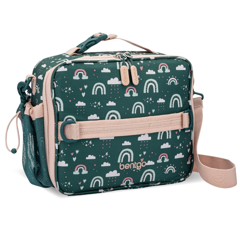 Bentgo Kids Lunch Bag - Durable, Double-Insulated Lunch Bag for Kids 3+; Holds Lunch Box, Water Bottle, & Snacks; Easy-Clean Water-Resistant Fabric & Multiple Zippered Pockets (Green Rainbow)