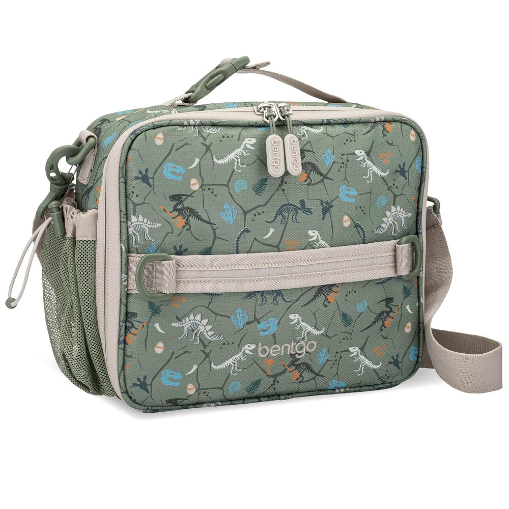Bentgo Kids Lunch Bag - Durable, Double-Insulated Lunch Bag for Kids 3+; Holds Lunch Box, Water Bottle, & Snacks; Easy-Clean Water-Resistant Fabric & Multiple Zippered Pockets (Dino Fossils)