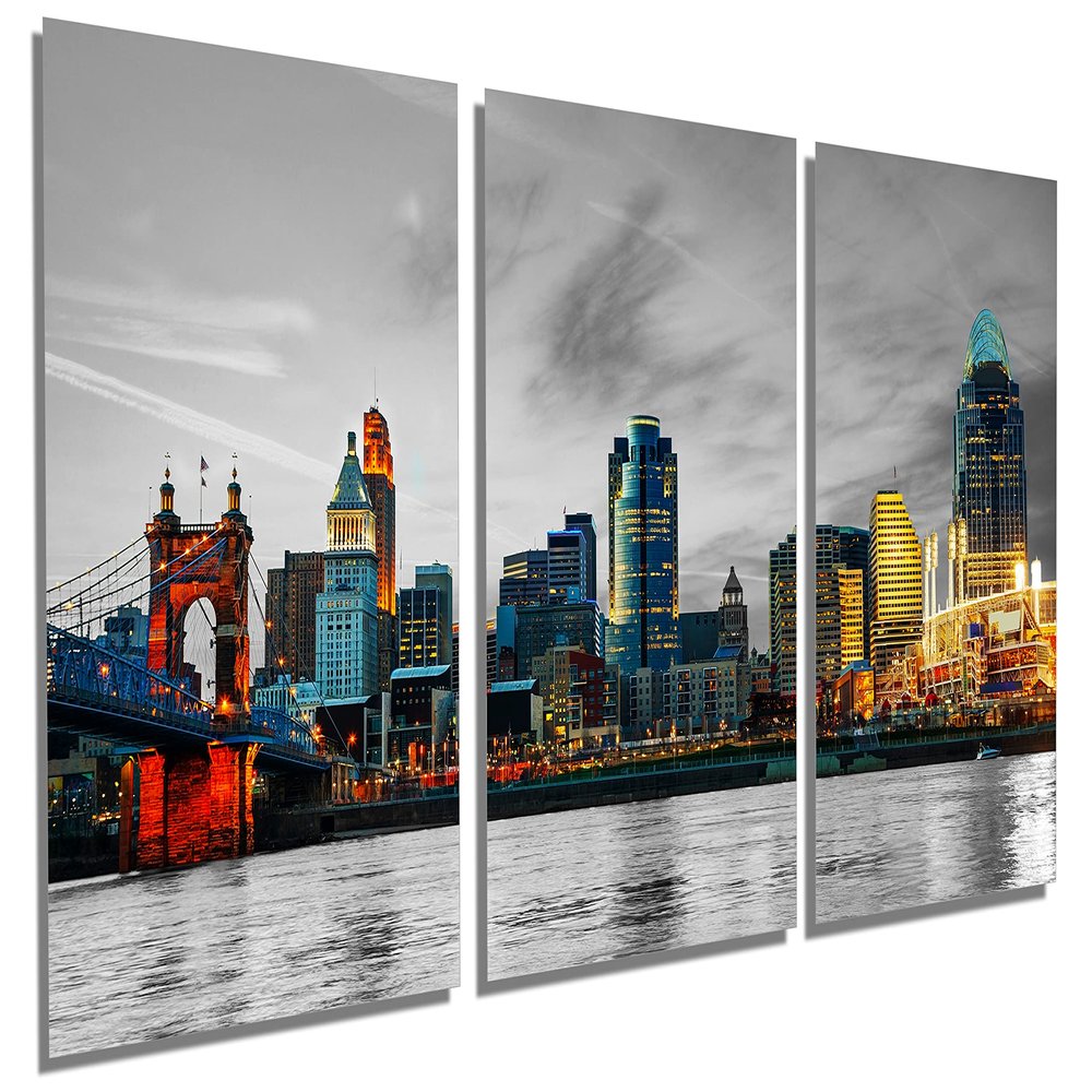 72 x 36 TOTAL - Cincinnati Metal Print Wall Art, Cincinnati Ohio Skyline Color black & white - 3 panel HD aluminum