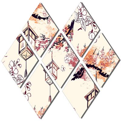 102 x 68 TOTAL - Oriental Beige Illustration Wall Art Metal Print 7 Panel Butterfly Split Japanese, chinese decor