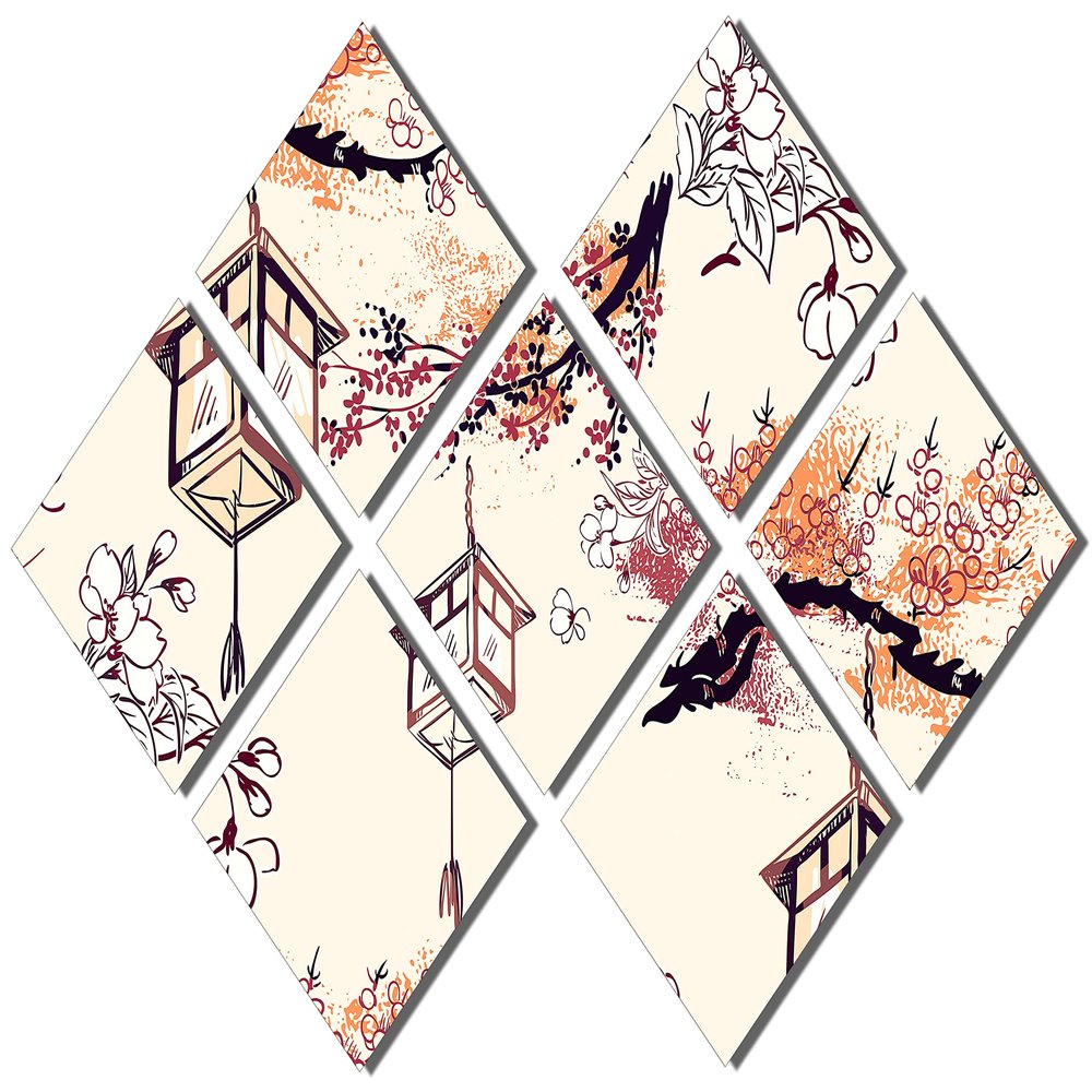 102 x 68 TOTAL - Oriental Beige Illustration Wall Art Metal Print 7 Panel Butterfly Split Japanese, chinese decor