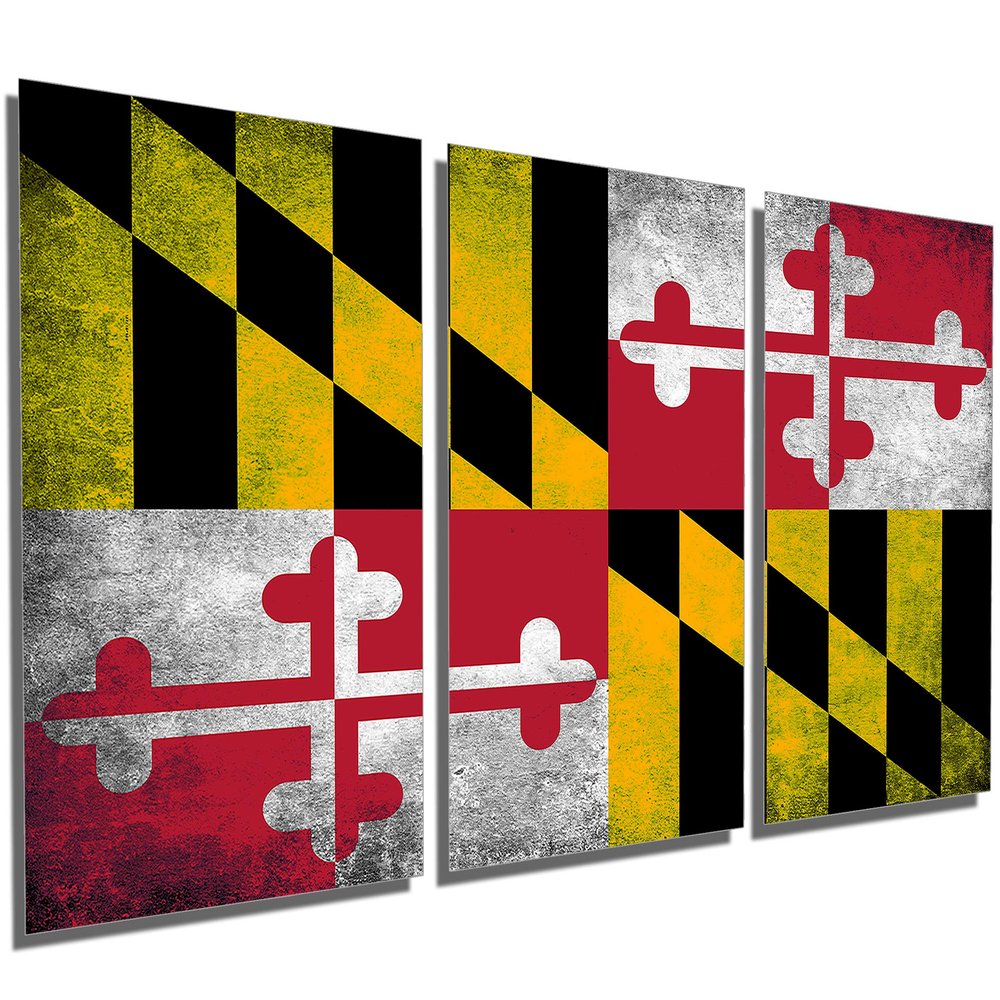 60 x 30 TOTAL - Maryland State Flag Grunge Metal Print wall art 3 Panel split, Triptych HD aluminum multi panel art