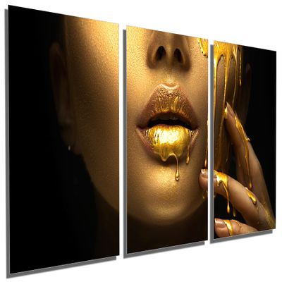 48 x 24 TOTAL - Gold Woman Face Wall Art Fashion Metal Print 3 Panel Split, golden paint dripping from lips