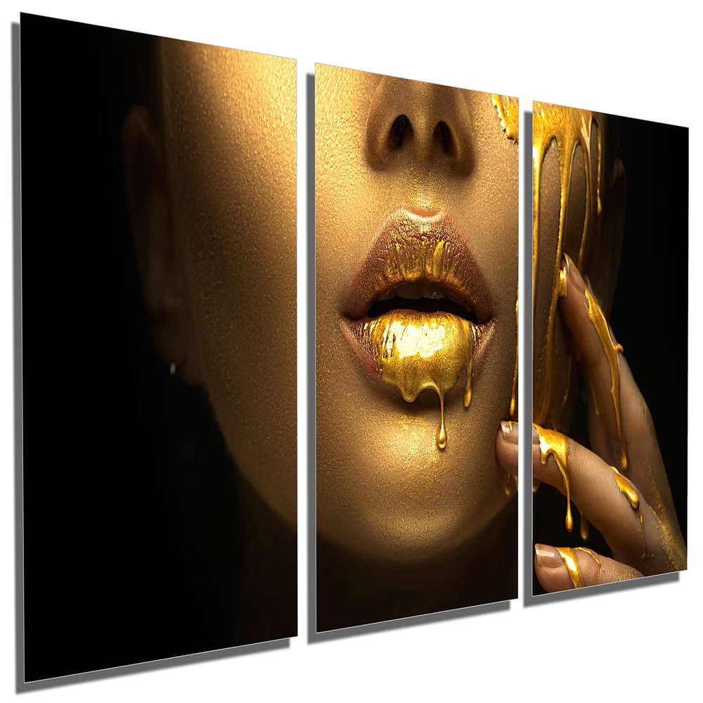 48 x 24 TOTAL - Gold Woman Face Wall Art Fashion Metal Print 3 Panel Split, golden paint dripping from lips