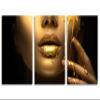 48 x 24 TOTAL - Gold Woman Face Wall Art Fashion Metal Print 3 Panel Split, golden paint dripping from lips view 2