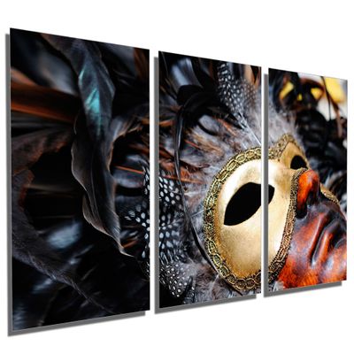 48 x 24 TOTAL - Carnival Mask with Feathers - Metal Print wall art. 3 Panel split, Triptych. HD aluminum panels