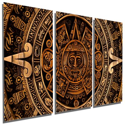 60 x 30 TOTAL - Aztec Calendar Metal Print Wall Art copper gold colors 3 Panel Split Aztec Wall Art Decor
