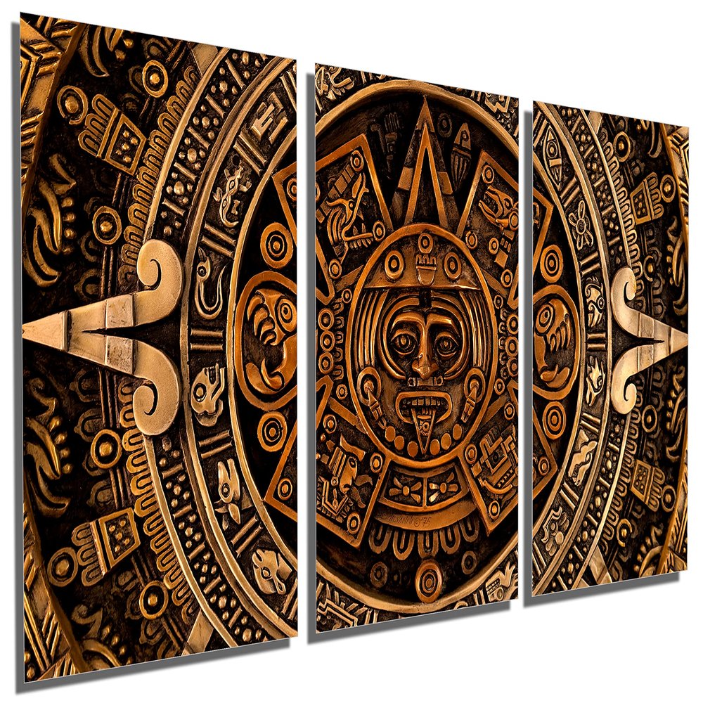 60 x 30 TOTAL - Aztec Calendar Metal Print Wall Art copper gold colors 3 Panel Split Aztec Wall Art Decor