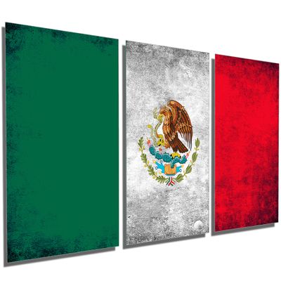 36 x 18 TOTAL - Mexico Flag Silver Grunge - Metal Print wall art. 3 Panel split, Triptych. HD aluminum multi panel